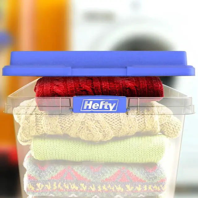 Alt view image 5 of 7 - Hefty HI-RISE 72 Quart Large Latching Storage Bin, Clear Plastic Storage Container with HI-RISE Latch Lid, Blue