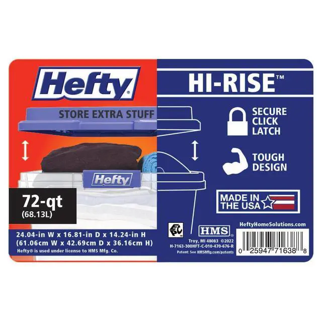 Alt view image 2 of 7 - Hefty HI-RISE 72 Quart Large Latching Storage Bin, Clear Plastic Storage Container with HI-RISE Latch Lid, Blue