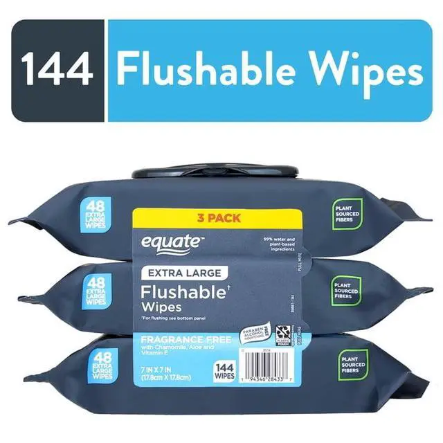 Alt view image 4 of 5 - Equate Extra Large Flushable Wet Wipes, Fragrance Free, 144 Wipes, 3 Pack