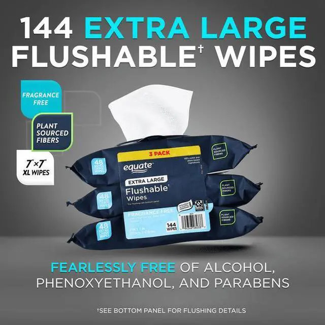 Main image of Equate Extra Large Flushable Wet Wipes, Fragrance Free, 144 Wipes, 3 Pack