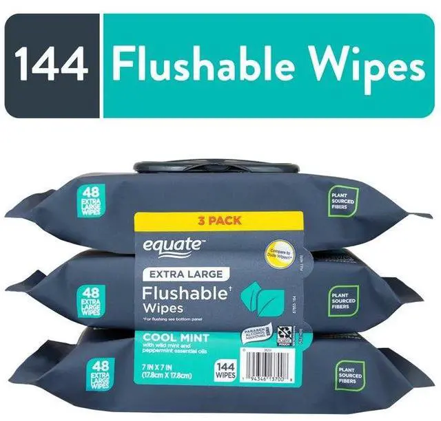 Main image of Equate Extra Large Flushable Wet Wipes, Cool Mint Scent, 144 Wipes, 3 Pack