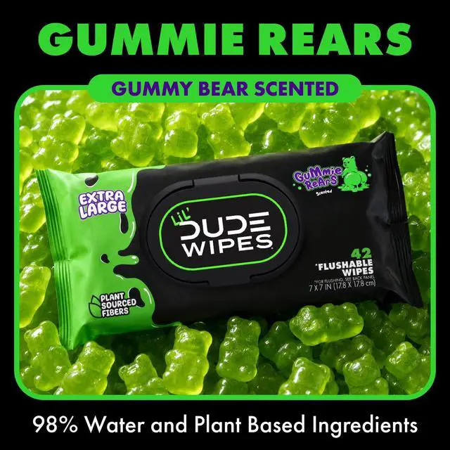 Alt view image 4 of 6 - LiL' DUDE Flushable Wipes, Extra Large Gummie Rears Wet Wipes, Gummy Bear Scent, 42 Count, 3 Pack
