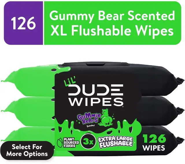 Main image of LiL' DUDE Flushable Wipes, Extra Large Gummie Rears Wet Wipes, Gummy Bear Scent, 42 Count, 3 Pack