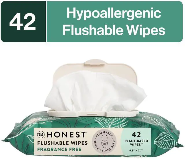 Main image of The Honest Company Flushable Wipes for Adults, Fragrance Free and Hypoallergenic Wet Wipes, Tropical Leaves, 42 Count