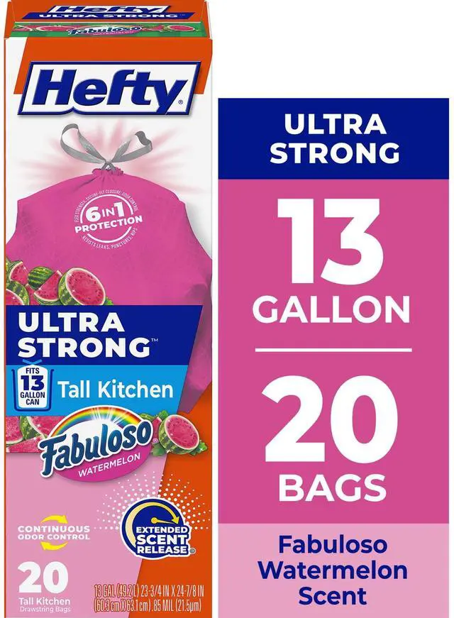 Main image of Hefty Ultra Strong 13 Gallon Trash Bags, Tall Kitchen Trash Bags, Pink, Fabuloso Watermelon Scent, 20 Bags