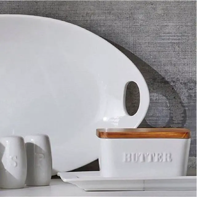 Alt view image 4 of 4 - Better Homes & Gardens- White and Acacia Wood Porcelain Embossed Butter Dish