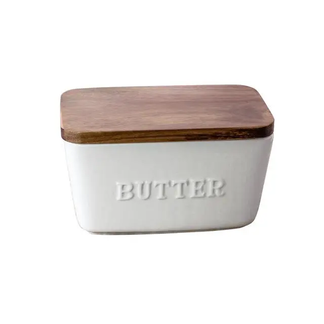 Alt view image 3 of 4 - Better Homes & Gardens- White and Acacia Wood Porcelain Embossed Butter Dish