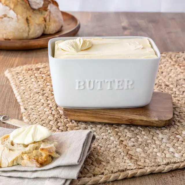 Alt view image 2 of 4 - Better Homes & Gardens- White and Acacia Wood Porcelain Embossed Butter Dish
