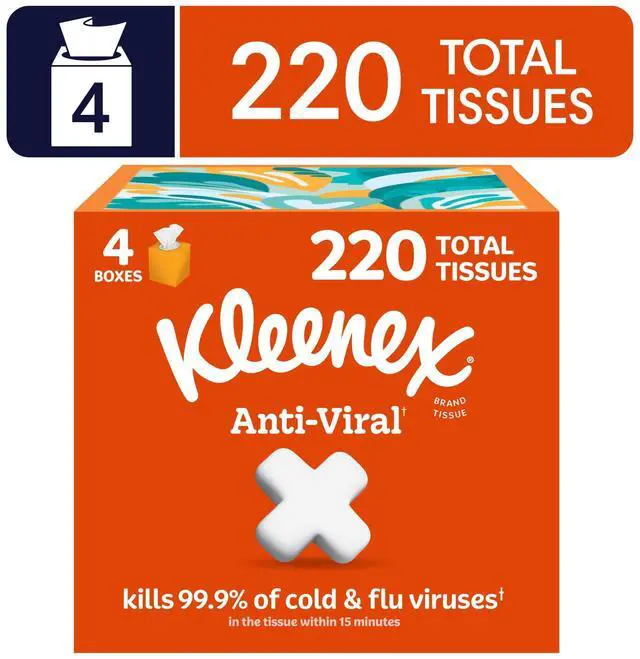 Main image of Kleenex Anti-Viral 3-Ply Cube Box Facial Tissues, 4 Pack (220 Total Tissues)