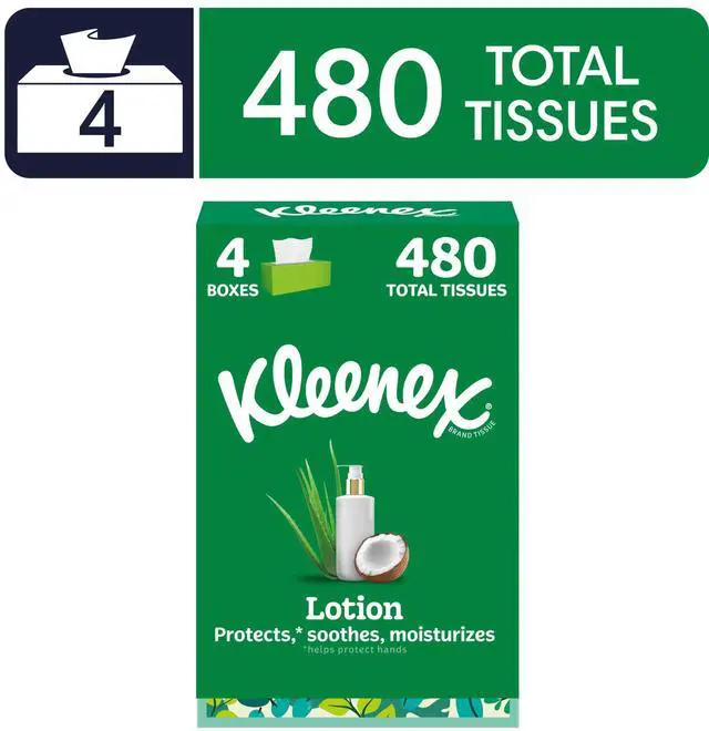 Main image of Kleenex Lotion with Coconut Oil 3-Ply Flat Box Facial Tissues, 4 Pack (480 Total Tissues)
