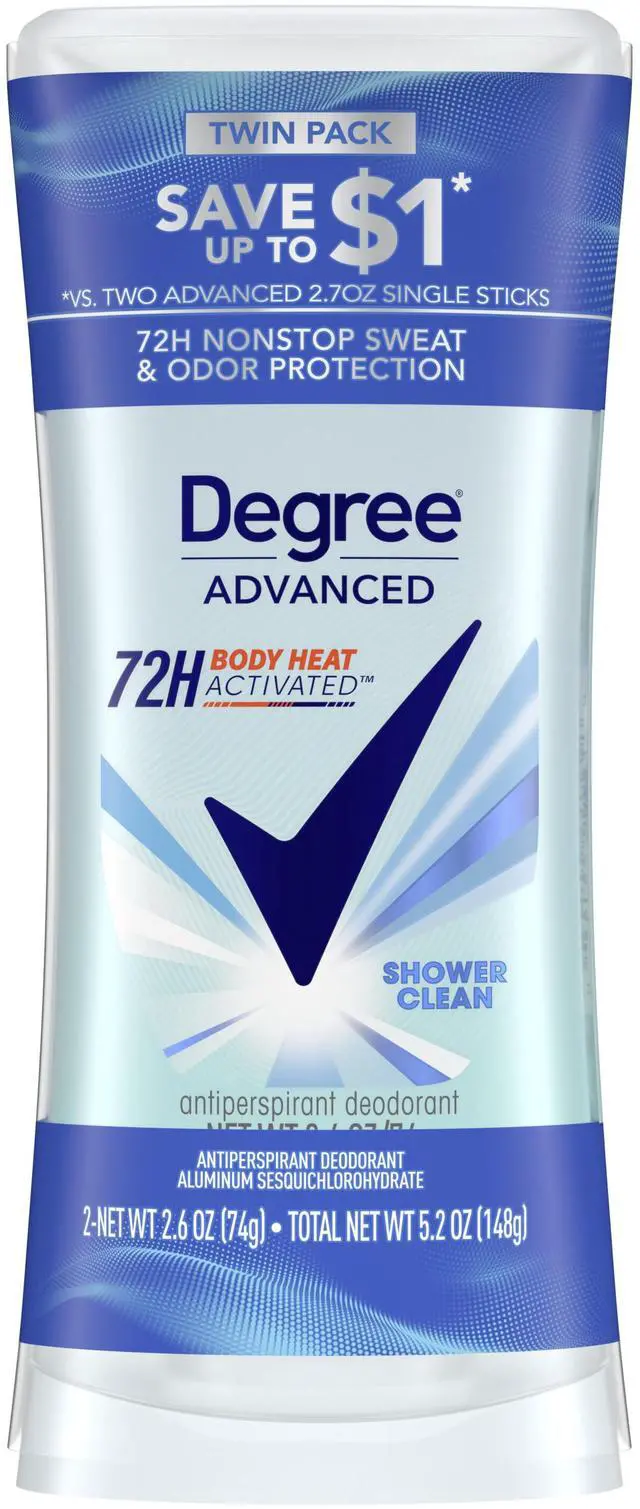 Main image of Degree Advanced Women's Antiperspirant Deodorant Stick Twin Pack Shower Clean, 2.6 oz