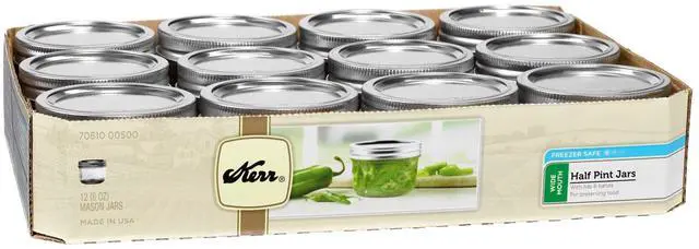 Main image of Kerr Canning Jars, Wide Mouth Half-Pint Mason Jars with Lids and Bands, 12 Count 8 oz