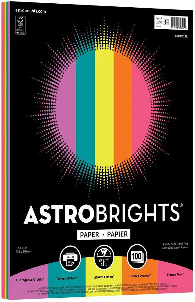 Main image of Astrobrights Colored Paper, 8.5" x 11", 24 lb./89 Gsm, Tropical Assortment, 100 Sheets