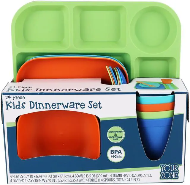 Main image of Your Zone Kids Dinnerware Set, 24-Piece Plastic Tableware Set with Divided Trays, Plates, Bowls, Cups & Utensils, Multicolor