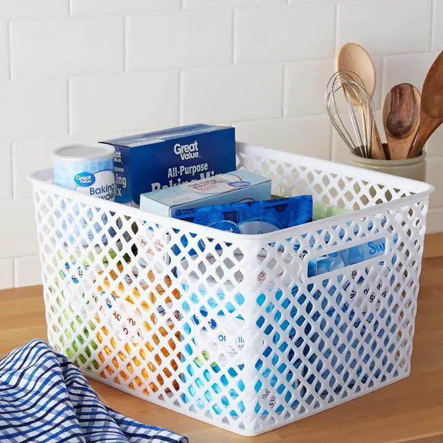 Alt view image 6 of 6 - Mainstays Large White Decorative Plastic Storage Basket, 14.7 in x 12 in x 8.5 in