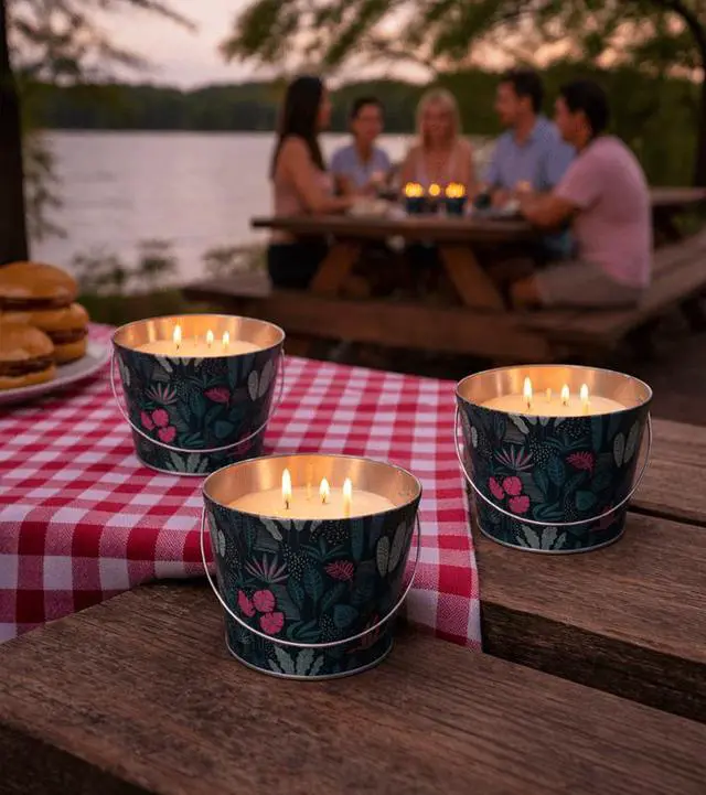 Alt view image 2 of 7 - Mainstays Outdoor Citronella Candle - 24oz Metal Bucket | Repels Mosquitoes | Triple Wick | Up to 40 Hours Burn Time