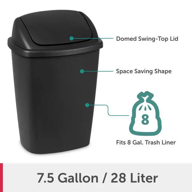 Alt view image 2 of 7 - Sterilite Kitchen Trash Can, 7.5 Gallon Plastic Garbage Bin with Swing Top Lid, Black