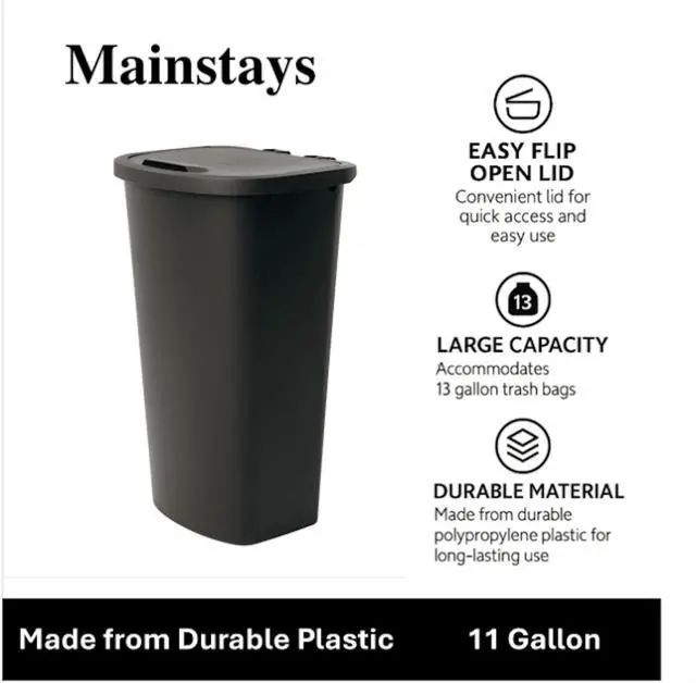 Main image of Mainstays 11 Gallon Plastic Kitchen Trash Can with Lift-Top Lid, Black