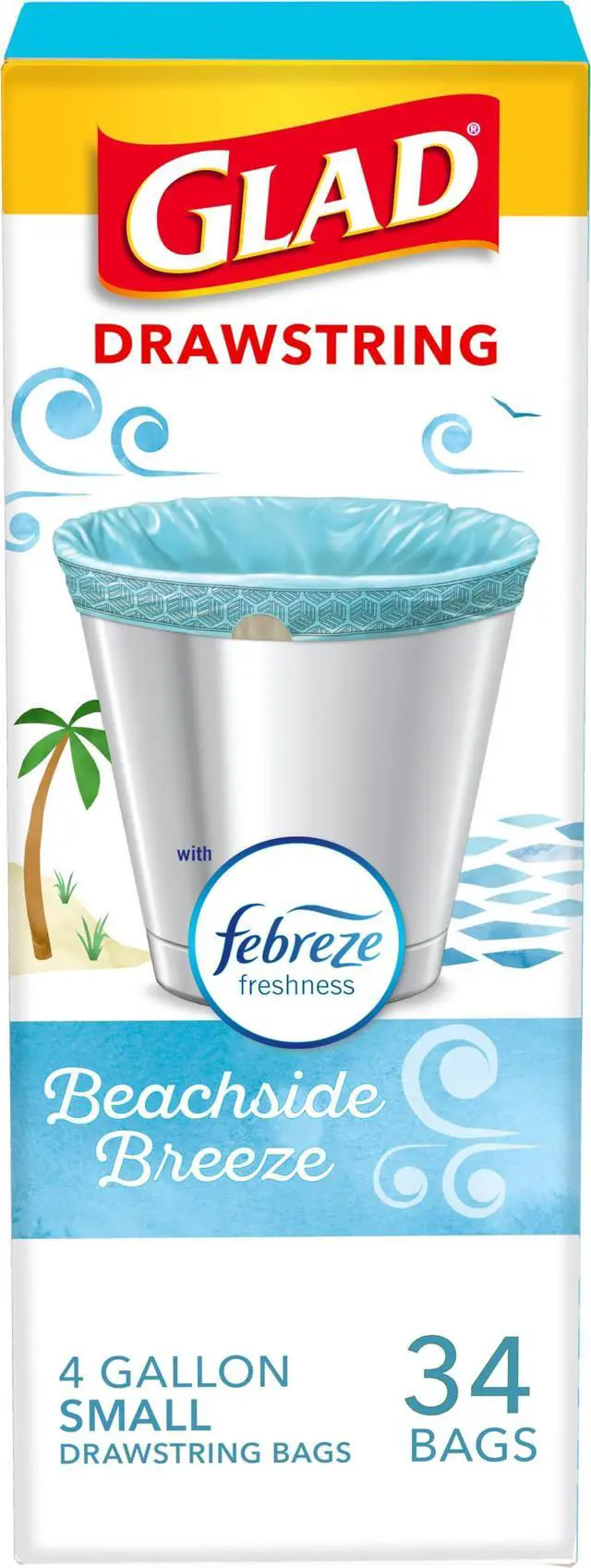 Main image of Glad Odorshield Small Drawstring Trash Bags, 4 Gal, Febreze Beachside Breeze, 34 Ct, Pack May Vary