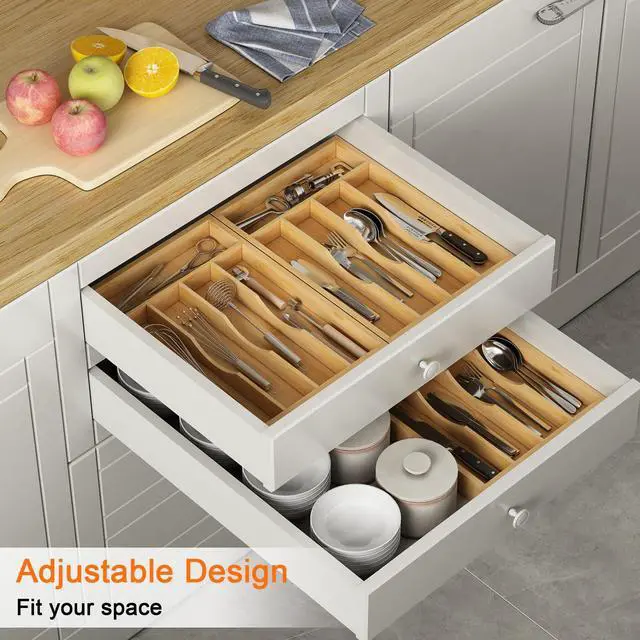 Alt view image 4 of 7 - Bamboo Utensil Organizer for Kitchen Drawers, Utensil Tray and Cutlery Silverware Holder,Wood Drawer Dividers with 5 Slots(2 pack)
