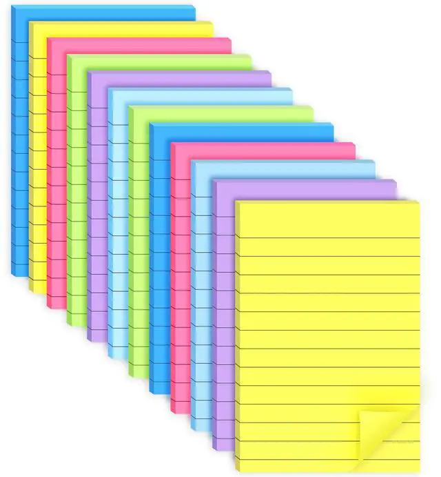 Main image of 12 Pack Lined Sticky Notes 4x6 in Bright Colors Self-Stick Note Pads with Lines, Colorful Bulk Sticky Memo Pad for School, Office, Meeting
