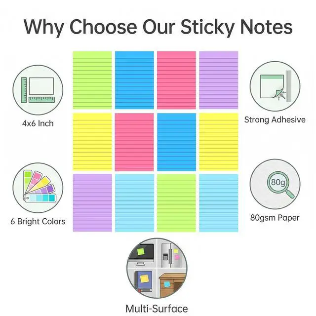 Alt view image 4 of 7 - 12 Pack Lined Sticky Notes 4x6 in Bright Colors Self-Stick Note Pads with Lines, Colorful Bulk Sticky Memo Pad for School, Office, Meeting