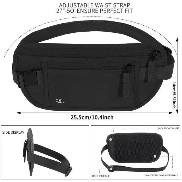 Alt view image 2 of 6 - Money Belt for Travel, RFID Blocking, Hidden Money Belt, Passport Holder for Travel (Black)
