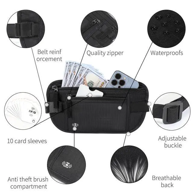 Alt view image 4 of 6 - Money Belt for Travel, RFID Blocking, Hidden Money Belt, Passport Holder for Travel (Black)