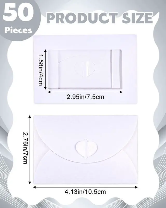 Alt view image 3 of 7 - EORTA 50Pcs Mini Envelopes with View Window, Tiny Kraft Paper Card Holders with Heart Clasp Closure for Wedding, Business Invitations, Greeting Cards, 4.13 * 2.76inch, White