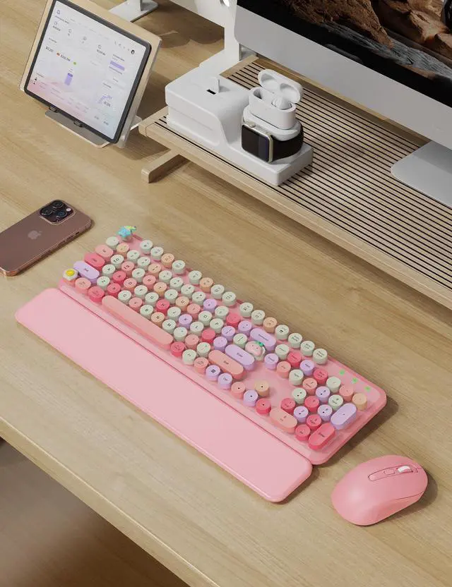 Alt view image 2 of 7 - Wireless Keyboard and Mouse Combo, Typewriter Keyboard with Detachable Wrist Rest, Full-Size Retro Round Keycaps, Smart-Sleep, 2.4GHz Stable Connection for Mac/Windows/PC (Rose Quartz Pink)