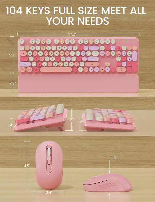 Alt view image 7 of 7 - Wireless Keyboard and Mouse Combo, Typewriter Keyboard with Detachable Wrist Rest, Full-Size Retro Round Keycaps, Smart-Sleep, 2.4GHz Stable Connection for Mac/Windows/PC (Rose Quartz Pink)