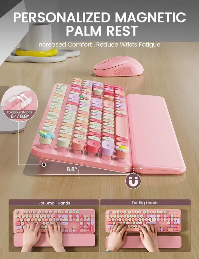 Alt view image 3 of 7 - Wireless Keyboard and Mouse Combo, Typewriter Keyboard with Detachable Wrist Rest, Full-Size Retro Round Keycaps, Smart-Sleep, 2.4GHz Stable Connection for Mac/Windows/PC (Rose Quartz Pink)