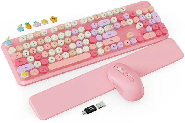 Main image of Wireless Keyboard and Mouse Combo, Typewriter Keyboard with Detachable Wrist Rest, Full-Size Retro Round Keycaps, Smart-Sleep, 2.4GHz Stable Connection for Mac/Windows/PC (Rose Quartz Pink)