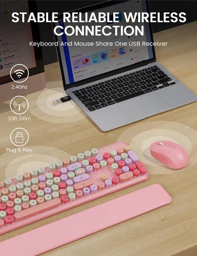 Alt view image 4 of 7 - Wireless Keyboard and Mouse Combo, Typewriter Keyboard with Detachable Wrist Rest, Full-Size Retro Round Keycaps, Smart-Sleep, 2.4GHz Stable Connection for Mac/Windows/PC (Rose Quartz Pink)
