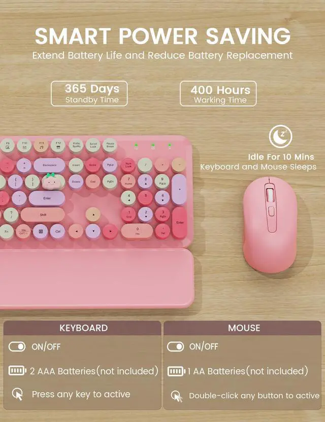 Alt view image 5 of 7 - Wireless Keyboard and Mouse Combo, Typewriter Keyboard with Detachable Wrist Rest, Full-Size Retro Round Keycaps, Smart-Sleep, 2.4GHz Stable Connection for Mac/Windows/PC (Rose Quartz Pink)