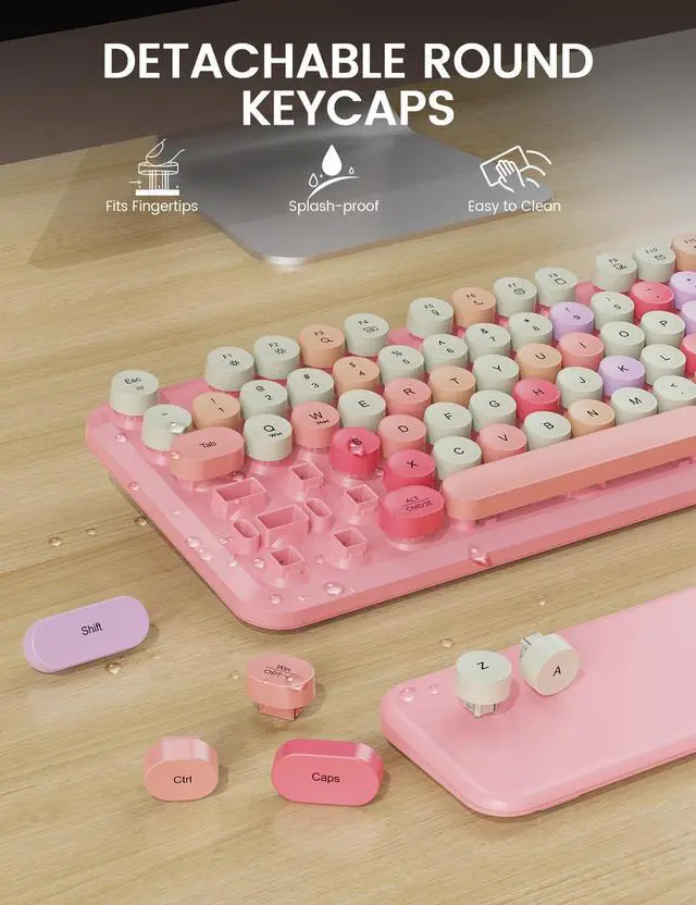 Alt view image 6 of 7 - Wireless Keyboard and Mouse Combo, Typewriter Keyboard with Detachable Wrist Rest, Full-Size Retro Round Keycaps, Smart-Sleep, 2.4GHz Stable Connection for Mac/Windows/PC (Rose Quartz Pink)