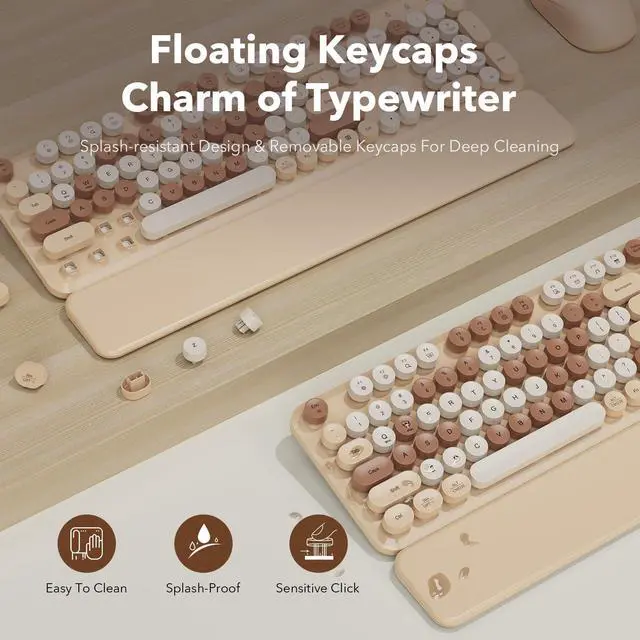 Alt view image 4 of 7 - Wireless Keyboard and Mouse Combo, Round Keycaps, Full-Size Retro Typewriter Keyboard with Detachable Wrist Rest, Sleep Mode & Tilt Legs, 2.4GHz Cordless Connection for Mac/Windows/PC (Latte-Colorful)