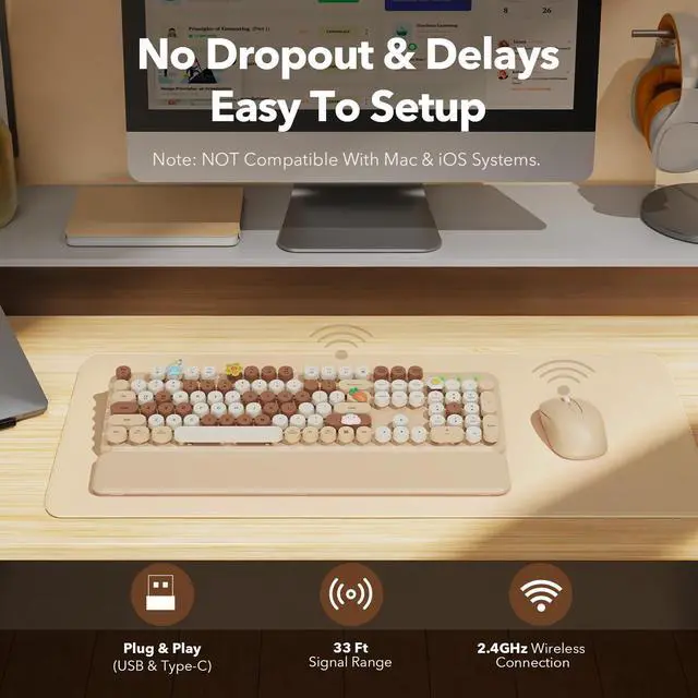 Alt view image 7 of 7 - Wireless Keyboard and Mouse Combo, Round Keycaps, Full-Size Retro Typewriter Keyboard with Detachable Wrist Rest, Sleep Mode & Tilt Legs, 2.4GHz Cordless Connection for Mac/Windows/PC (Latte-Colorful)