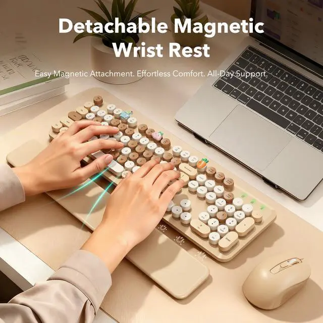 Alt view image 2 of 7 - Wireless Keyboard and Mouse Combo, Round Keycaps, Full-Size Retro Typewriter Keyboard with Detachable Wrist Rest, Sleep Mode & Tilt Legs, 2.4GHz Cordless Connection for Mac/Windows/PC (Latte-Colorful)