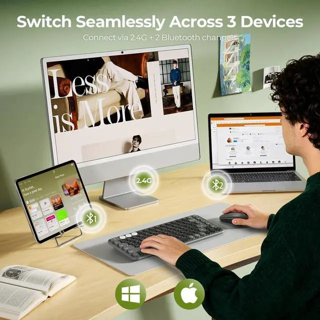 Alt view image 2 of 7 - Bluetooth Wireless Keyboard and Mouse Combo, COE203 Quiet Round Keycaps, 3-Device Multi-Connection, Bluetooth & 2.4G USB Receiver, Wide Compatibility with iPad/Tablet/Laptop/Mac/Windows, Black