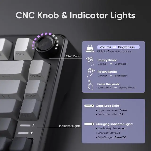 Alt view image 3 of 7 - K75 Wireless Mechanical Gaming Keyboard, 75% Hot Swappable Creamy Keyboard with Knob, RGB Backlit, Pre-lubed Linear Switches, Side Engraved PBT Keycaps, Wireless/Wired/BT5.0, Gradient Gray