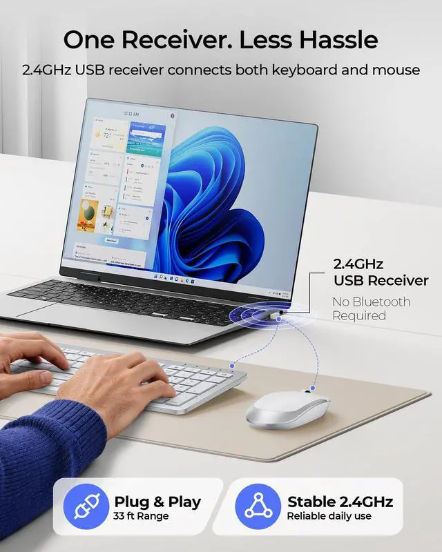 Alt view image 2 of 7 - Wireless Keyboard and Mouse Combo, Rechargeable Quiet Keyboard Mouse, Sleek and Ultra Thin Design, Full-Size with Number Pad for Windows, Laptop, PC, Notebook, Desktop- Silver and White