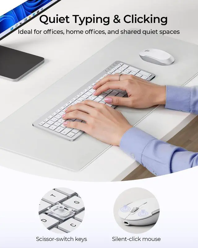 Alt view image 4 of 7 - Wireless Keyboard and Mouse Combo, Rechargeable Quiet Keyboard Mouse, Sleek and Ultra Thin Design, Full-Size with Number Pad for Windows, Laptop, PC, Notebook, Desktop- Silver and White