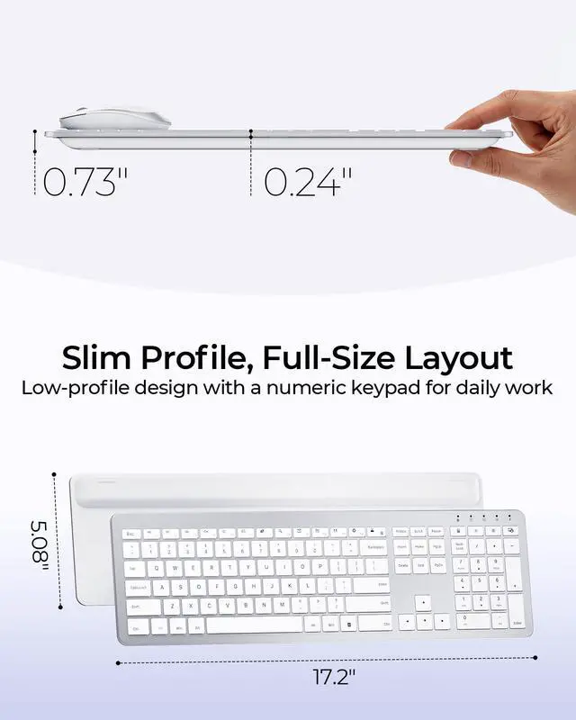 Alt view image 5 of 7 - Wireless Keyboard and Mouse Combo, Rechargeable Quiet Keyboard Mouse, Sleek and Ultra Thin Design, Full-Size with Number Pad for Windows, Laptop, PC, Notebook, Desktop- Silver and White