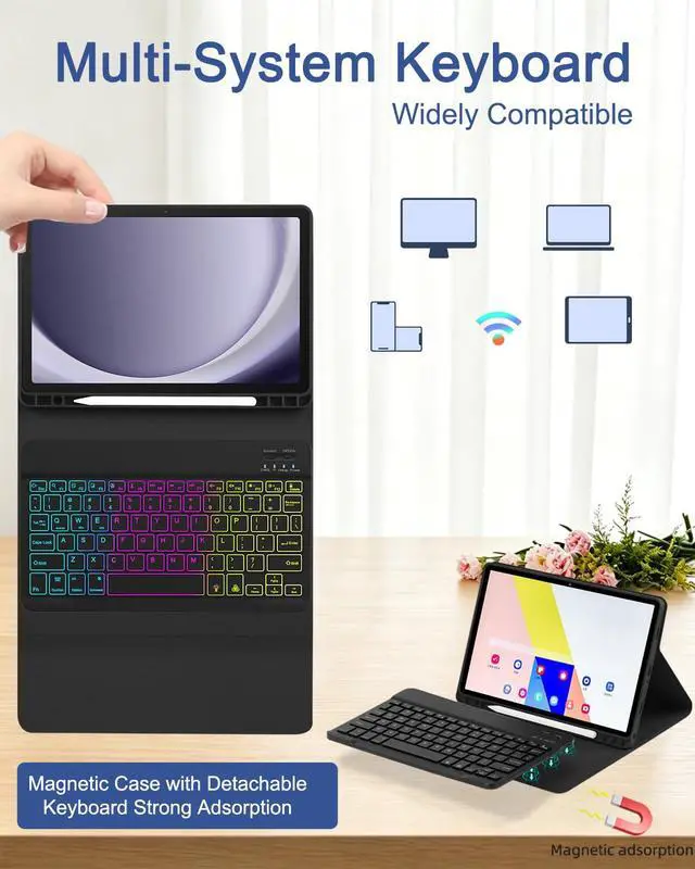 Alt view image 6 of 7 - Case with Keyboard Mouse for Samsung Galaxy Tab A11 Plus/A9 Plus 2025/2023 11 inch,7 Color Rainbow Backlight Detachable USB-C Keypad Magnetic Case with Pen Slot for Tablet A11+ A9+ 5G Black