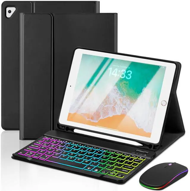 Main image of Case with Keyboard and Mouse for iPad 6th/5th Generation Air 1 2 Pro 9.7inch,7 Color Rainbow Backlight Detachable USB-C Keyboard Magnetic Case with Pen Slot for iPad 2018 2017 Black+Mouse