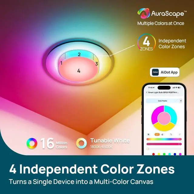 Alt view image 2 of 7 - Matter BR30 Smart Light Bulbs with Stretchable Design & 4-Zone Aurascape Color, 850LM Recessed Smart Flood Light Bulb, Works with Alexa/Apple Home/Google Home, Music Sync Light Show, 2 Pack