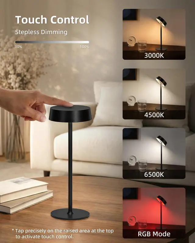 Alt view image 6 of 7 - Cordless Lamp, Rechargeable Table Lamp, Battery Operated, RGB Dimmable Touch Control, 3 Color Temperatures, LED Memory Function, Portable Outdoor Waterproof Desk Lamp, Restaurant Dining Patio Kitchen