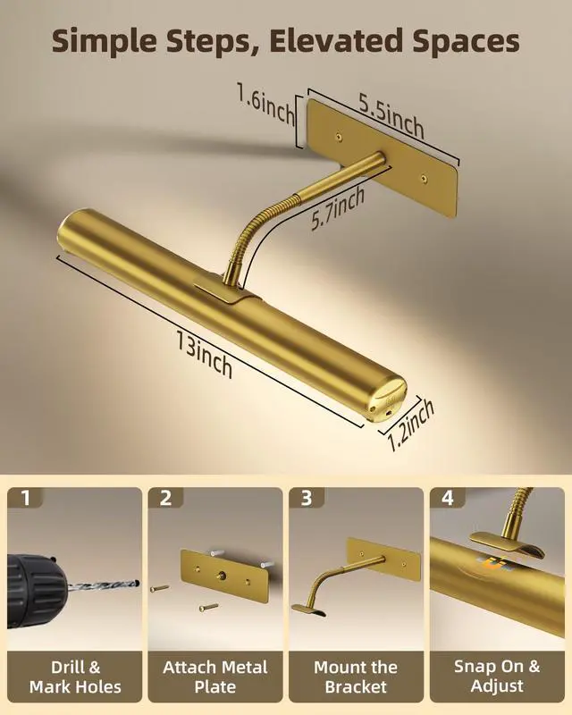 Alt view image 7 of 7 - Picture Light for Wall, 13-Inch Wireless Rechargeable 4000mAh LED Art Light with Remote, Dimmable 3 Color Temps, Battery Operated Wall Light for Living Room, Bedroom, Gallery (Gold, 2 Pack)
