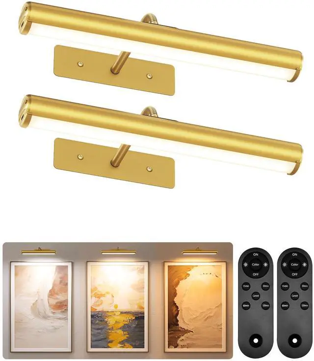 Main image of Picture Light for Wall, 13-Inch Wireless Rechargeable 4000mAh LED Art Light with Remote, Dimmable 3 Color Temps, Battery Operated Wall Light for Living Room, Bedroom, Gallery (Gold, 2 Pack)
